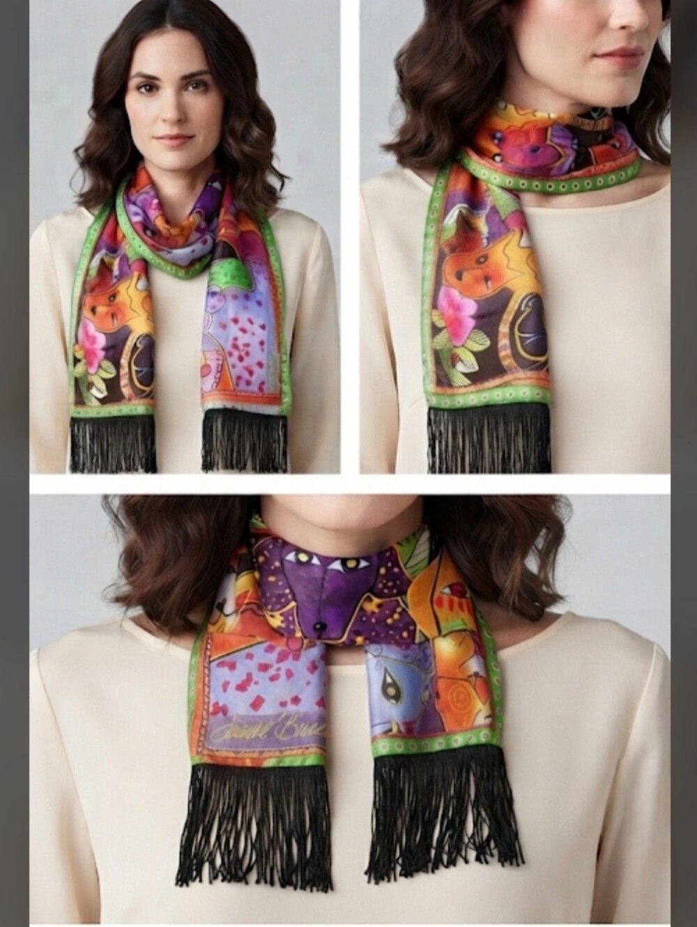 Laurel Burch 100% Silk Dog Print Scarf  "Canine Clan" Whimsical Dogs Tassel Hem